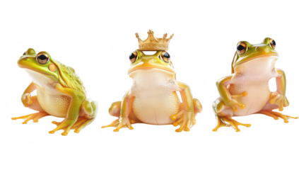 Three colorful frogs posing playfully. with one wearing a crown. their colors and unique expressions against a clean white background. ideal for nature-themed projects or whimsical content