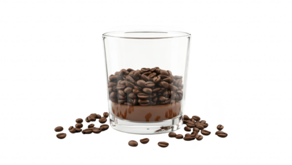 A clear glass filled with roasted coffee beans and a layer of melted chocolate at the bottom. set against a plain white background. ideal for culinary articles or product promotions