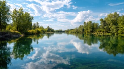 Calm clean lake reflecting blue sky and white cloud. Beautiful summer day outdoor for travel or vacation. Natural tranquil landscape.
