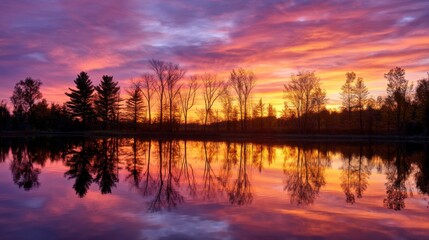 Fototapeta premium Vibrant sunset over tranquil lake with reflections of silhouetted trees. Calm nature scene with colorful sky. Picturesque landscape.