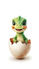 green dinosaur hatching from egg with a happy expression and bright colors in a whimsical scene