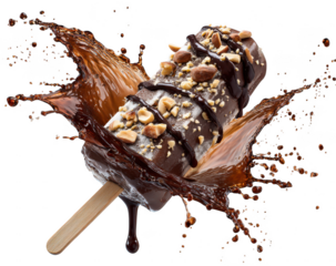 Chocolate ice cream bar with nuts and chocolate sauce splash isolated on transparent background