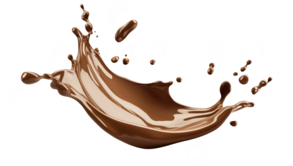A dynamic splash of rich chocolate liquid creating an artistic display against a clean white background. ideal for culinary and dessert-related visuals