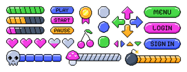 Vector set of 8bit pixel game life icons, loading progress bar, menu buttons and arrows. Retro video games element, arcade ui design energy levels with heart, bomb, skull. Pixelated controller items.