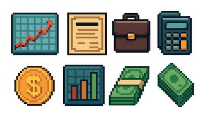 Retro pixel art finance icons featuring charts, money, calculator, briefcase