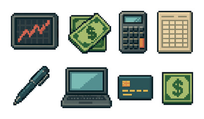 Pixel art financial icons: calculator, money, laptop, credit card