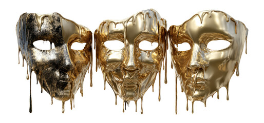 Glossy Golden and Black Masks with Dripping Paint on Transparent Background