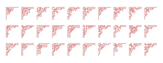 Vector set of chinese corners. Red japanese border frames design art, asian vintage ornaments isolated on white background. Traditional korean decorative element, japan ancient line culture decoration