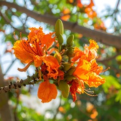 Vibrant orange flowers on a tree branch