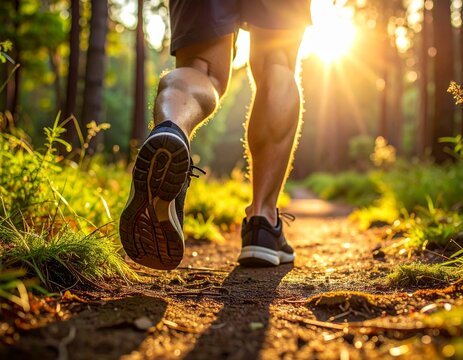 Runner jogging in the forest at sunrise, close-up of legs on trail path
