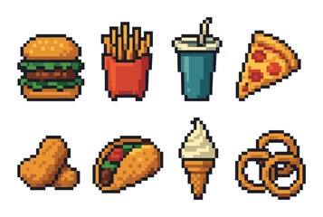 Pixel art fast food icons featuring burger, fries, soda, pizza, chicken, taco, ice cream, onion rings