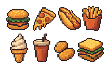 Pixel art fast food icons: burger, pizza, hot dog, fries, and more