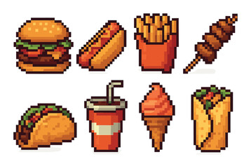 Pixel art fast food icons: burger, hot dog, fries, taco, drink, ice cream, wrap