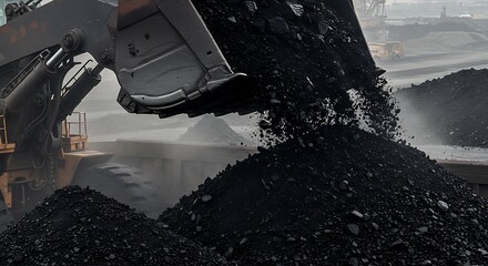 Excavator dumps coal into a large pile at a mining facility, showing the scale of the operation and the reliance on fossil fuels in modern industry.