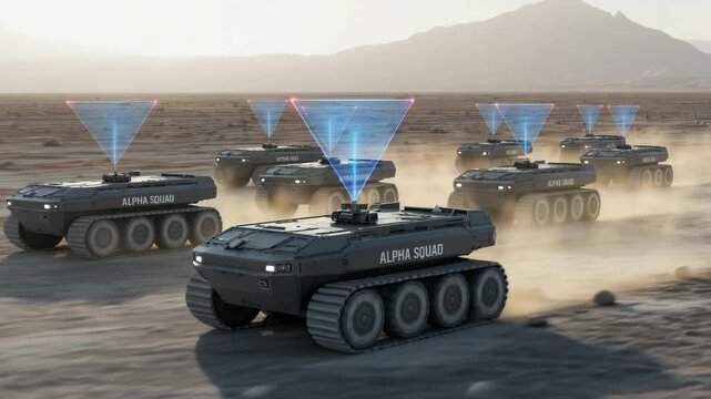 Robot Army on Patrol: A squadron of high-tech robots, designed for advanced reconnaissance missions, moves across a dusty desert landscape under a hazy sky. 