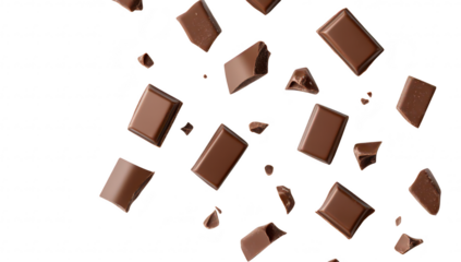 A collection of broken chocolate bars scattered on a clean white surface. various sizes and shapes. perfect for culinary use or dessert-themed projects