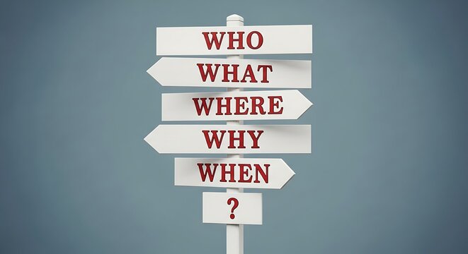Directional signpost with who what where why when questions