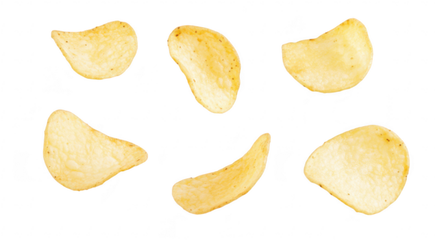 A collection of various potato chips arranged artistically on a clean white background. their unique shapes and textures. ideal for food photography or culinary blogs