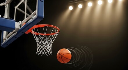 Basketball hoop and ball under stadium lights at night