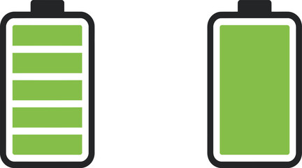 Two battery icons showing full charge and low charge levels for technology and power applications isolated on transparent background
