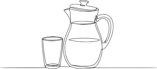 Continuous one line drawing of water pitcher glass. water jug in single line draw vector illustration, Milk jug line continuous drawing vector. One line Milk jug vector background.
