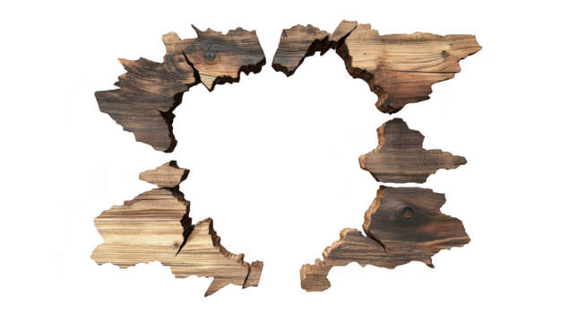 A beautifully arranged circular frame made of rustic wooden pieces. natural textures and colors. perfect for artistic display or as a unique photo border