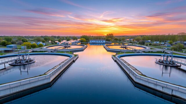 Serene aerial view of an industrial water treatment plant at sunset, key wastewater purification station and circular tank facility for industry using modern environmental technology