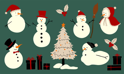クリスマス仕様の雪だるまのイラストセット