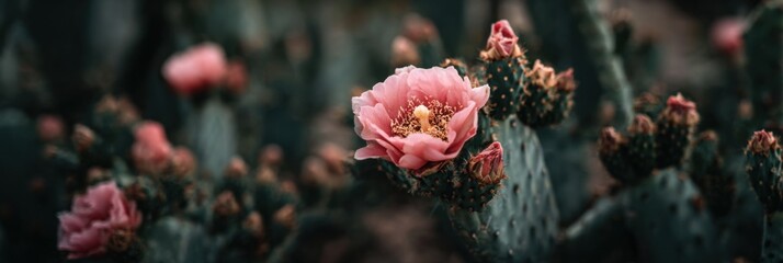 Fototapeta premium Beautiful Pink Cactus Flower Blooming Amidst Green Spines Under a Soft, Natural Light in a Tranquil Setting