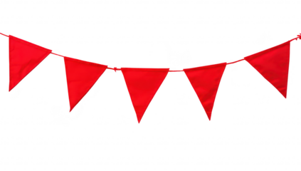 A arrangement of red triangular flags strung together against a clean white background. ideal for festive decorations or event celebrations