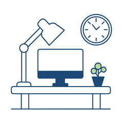 Fototapeta premium Desk with computer lamp clock and potted plant simple line art monitor
