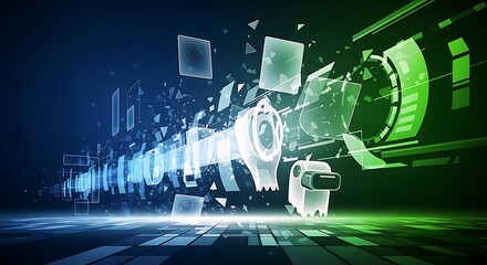 A Futuristic Abstract Digital Landscape Showcasing Data Flow And Virtual Reality Technology. Vibrant Blue And Green Gradients Create A Dynamic Background.