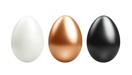 A trio of elegantly polished eggs in white. copper. and black colors. artistically arranged against a clean white backdrop. their smooth surfaces and reflective qualities