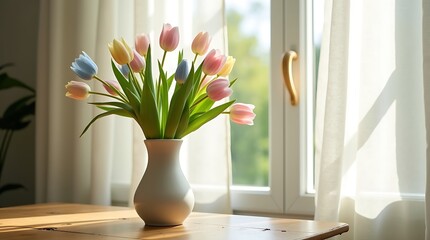 A vase of pastel tulips on a wooden table near a window with curtains