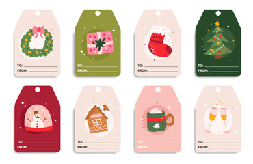 Christmas gift tags set. Festive holiday labels with tree, wreath, snowman, present, gingerbread and seasonal decorations. Vector illustration.