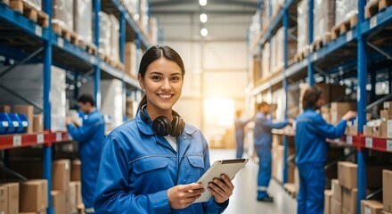 A smiling female warehouse worker in a blue uniform holds a tablet while standing in a wellstocked distribution center