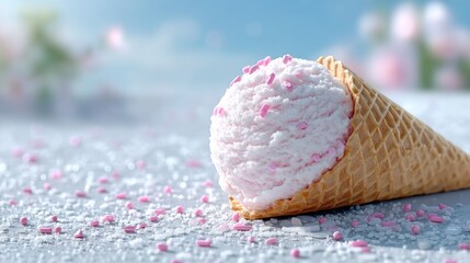 Vanilla Ice Cream Scoop in Waffle Cone with Pink Sprinkles on Gray Surface with Floral Background and Soft Lighting