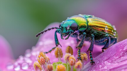 Naklejka premium Iridescent beetle on pink flower with dew drops.