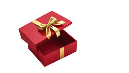 Obraz premium A red gift box with a shiny gold ribbon. slightly open to reveal its empty interior. set against a clean. white background. symbolizing the excitement of giving and receiving presents