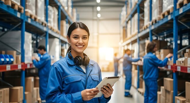 A smiling female warehouse worker in a blue uniform holds a tablet while standing in a wellstocked distribution center