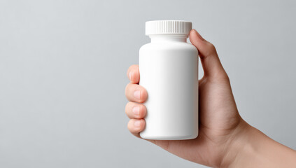 Hand holding blank white plastic medicine bottle with ribbed cap against gray background for health and wellness product mockups