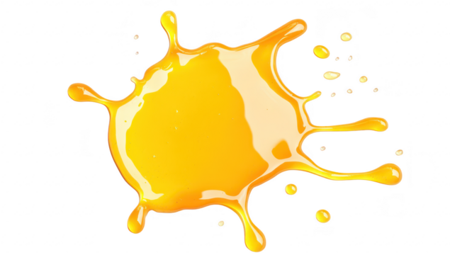 A splash of yellow liquid resembling a droplet of paint or juice. artistically arranged against a clean white background. ideal for use in creative designs or food-related content