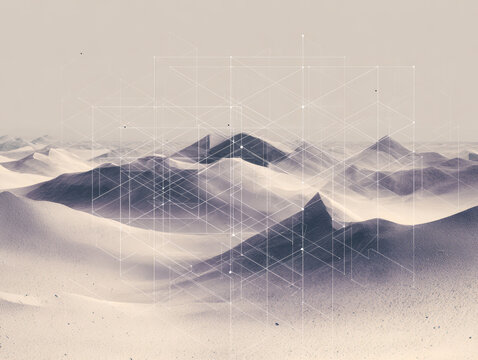 Bravais lattice projected over dune-like contours with orthographic grid fading to isometric overlay. AI generative