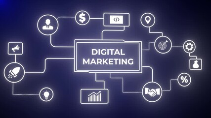 glowing neon digital marketing concept with thin line icons on black background. Infographic design. Chart with animated icons. internet and target. left to right smoothly 3d animation background. 4k - Powered by Adobe