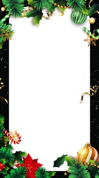 Christmas season background with white copy space. Holiday Festive Ornaments, Sparkling Bokeh, and Fir Branches.