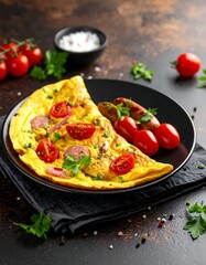 Delicious omelet with sausage and cherry tomatoes