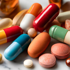 Top-down flat arrangement of pills, capsules, and tablets