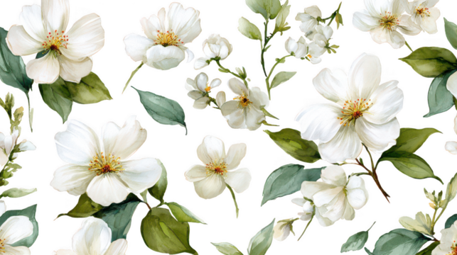 Delicate white jasmine flowers and green leaves isolated on transparent background