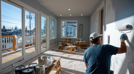 Painter holding paint roller, painting white interior wall of under construction house that is nearing completion. working applying a white prime on a wall