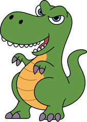 A fun cartoon illustration of a cute and confident T-Rex dinosaur character, with a sly grin and big eyes, ready for adventure and prehistoric fun.